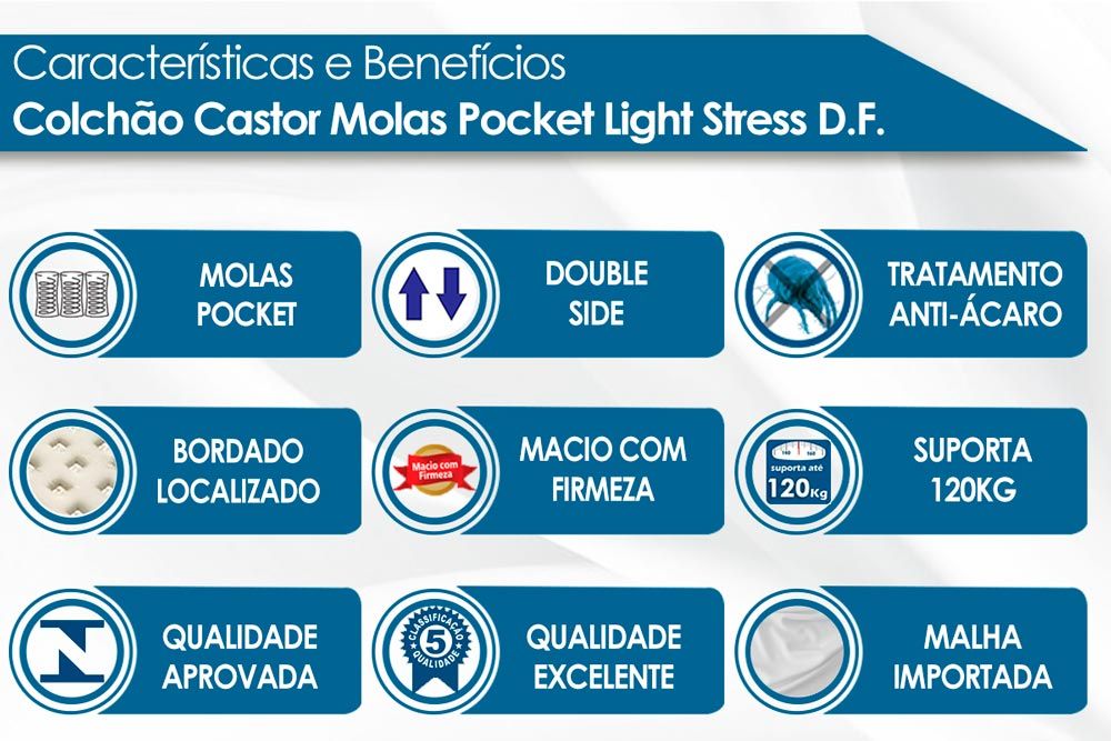 Colchão Castor Molas Pocket Gold Star SLX Light Stress Oxygen New Double Face + Cama Box Universal Nobuck Cinza