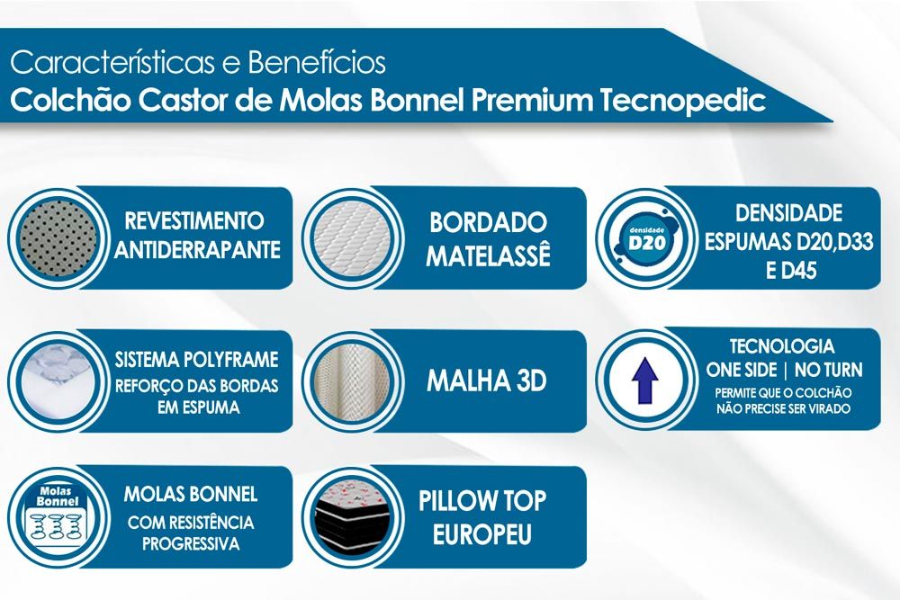 Colchão Castor de Molas Bonnel Premium Tecnopedic + Cama Box Universal Nobuck Cinza