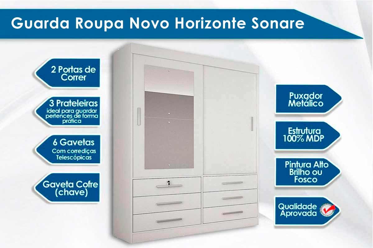 Roupeiro Novo Horizonte Sonare 2 pts c/Espelho + Cama Box Ortobom Molas Ensacadas MasterPocket Freedom