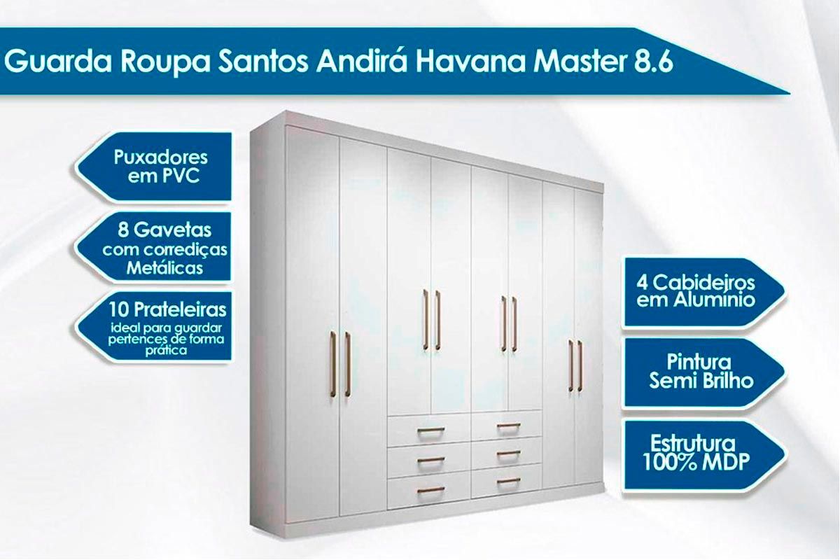 Guarda Roupa Santos Andirá Havana Master 8.6 + Cama Box Ortobom Molas Ensacadas MasterPocket Freedom Viscoelástico