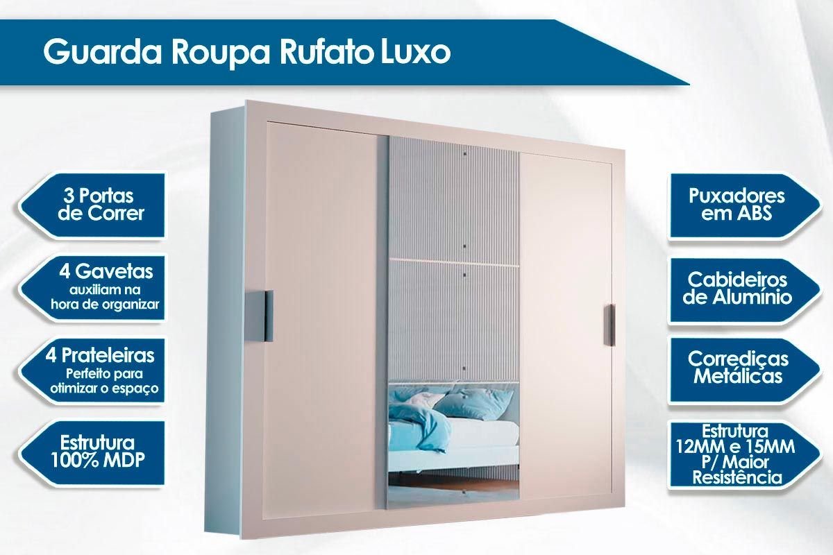 Roupeiro Rufato Veneza Luxo 3 Portas de Correr e 4 Gavetas + Cama Box Ortobom Molas Ensacadas MasterPocket Freedom