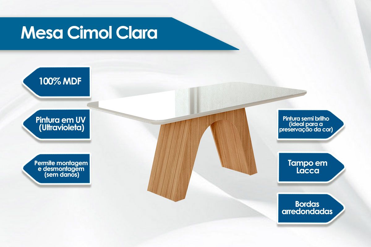 Sala de Jantar Completa Clara Tampo Madeirado c/ Vidro Canto Reto 180x90cm e 6 Cadeiras Clarice - Cimol