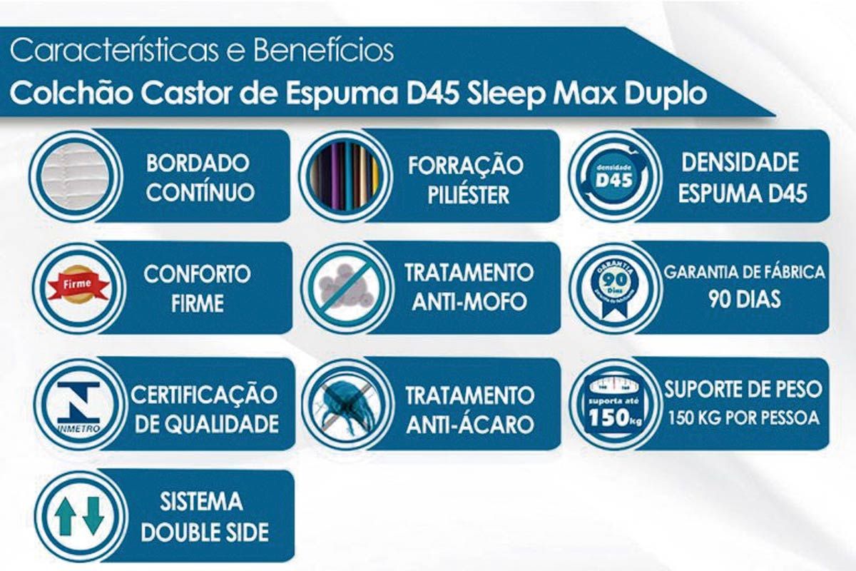 Conjunto Colchão Castor Espuma D45 Sleep Max+Cama Box Baú