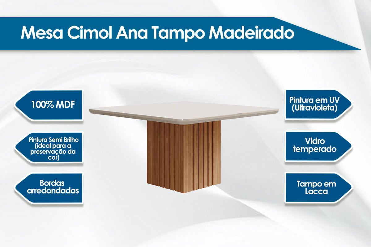 Sala de Jantar Completa Ana Tampo Madeirado c/ Vidro 130x130cm e 8 Cadeiras Fernanda - Cimol