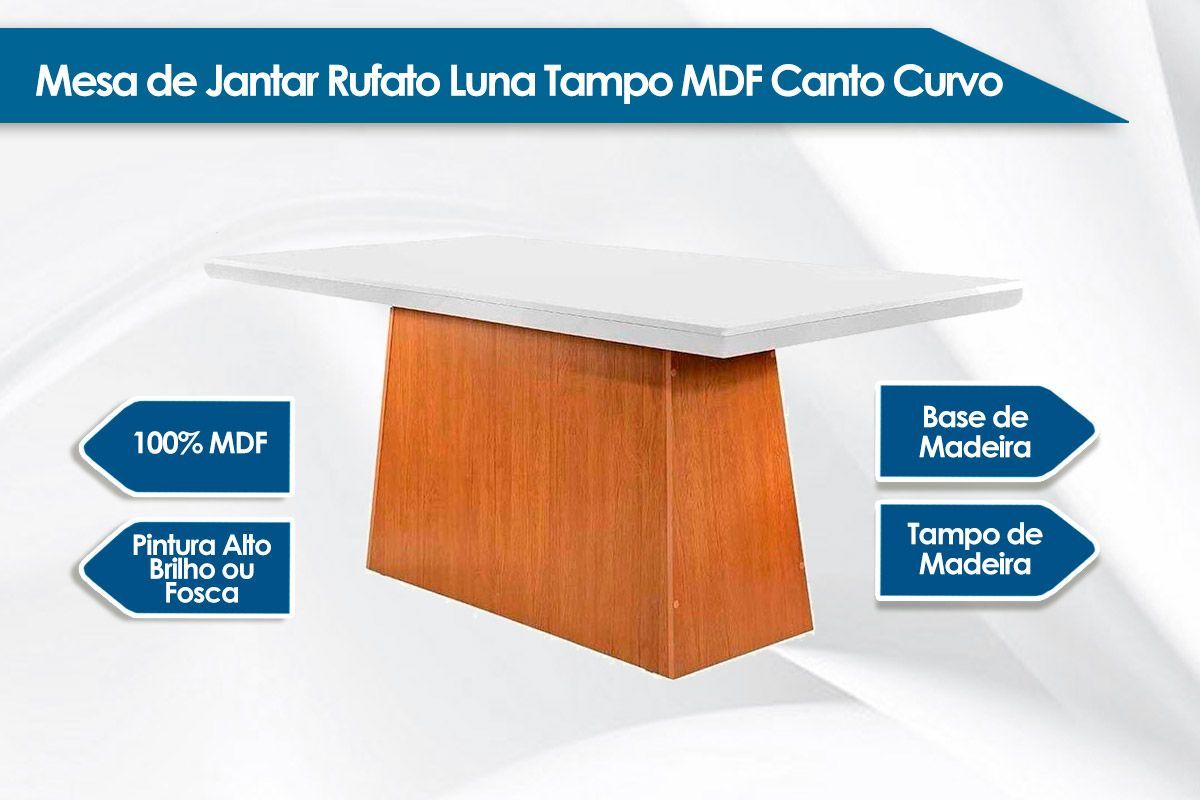 Sala de Jantar Completa Luna Tampo Madeirado c/ Vidro Canto Curvo 180x90cm e 6 Cadeiras Grécia - Rufato
