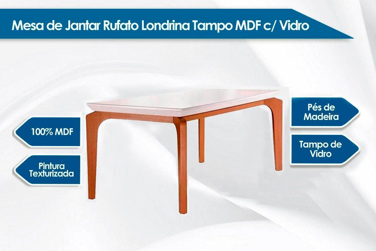 Sala de Jantar Completa Londrina Tampo Madeirado c/ Vidro 180x90cm e 6 Cadeiras Jade - Rufato