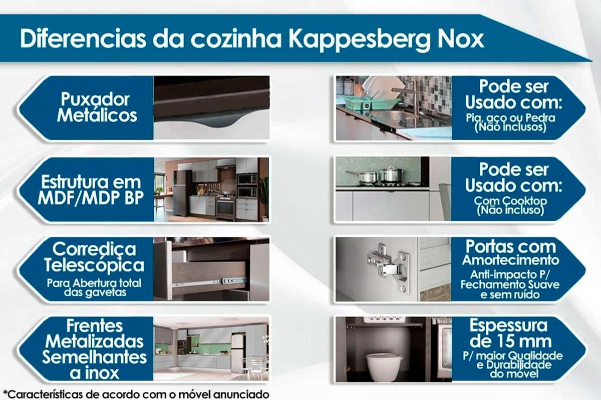 Cozinha Completa Nox 6 Peças (2 Armários + 2 Balcões + 1 Paneleiro + 1 Complemento) CJ43014 - Kappesberg