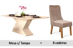 Sala de Jantar Completa Zafira Tampo Madeirado c/ Vidro Canto Curvo 200x100cm e 8 Cadeiras Jade - DJ Móveis