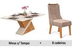 Sala de Jantar Completa Zafira Tampo Madeirado c/ Vidro Canto Curvo 200x100cm e 8 Cadeiras Jade - DJ Móveis